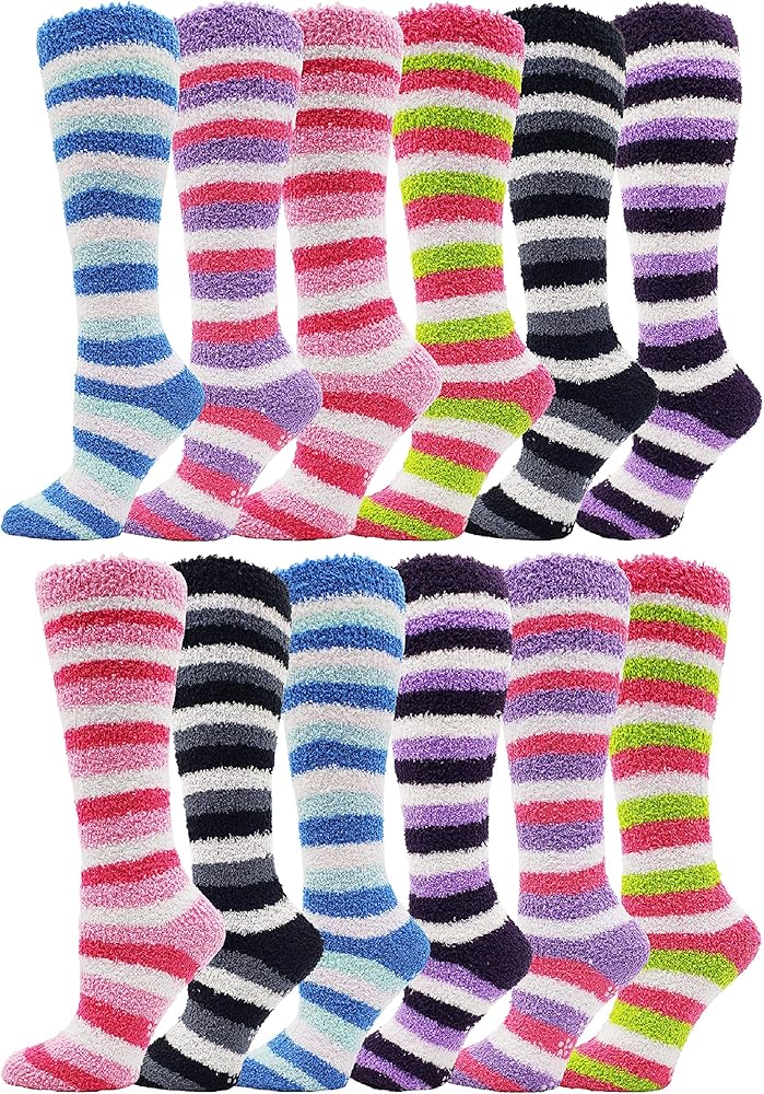 Fuzzy Socks, 12 Pairs Womens Girls, Non-Skid Gripper Bottom Warm Winter Holiday Slipper Bulk Pack