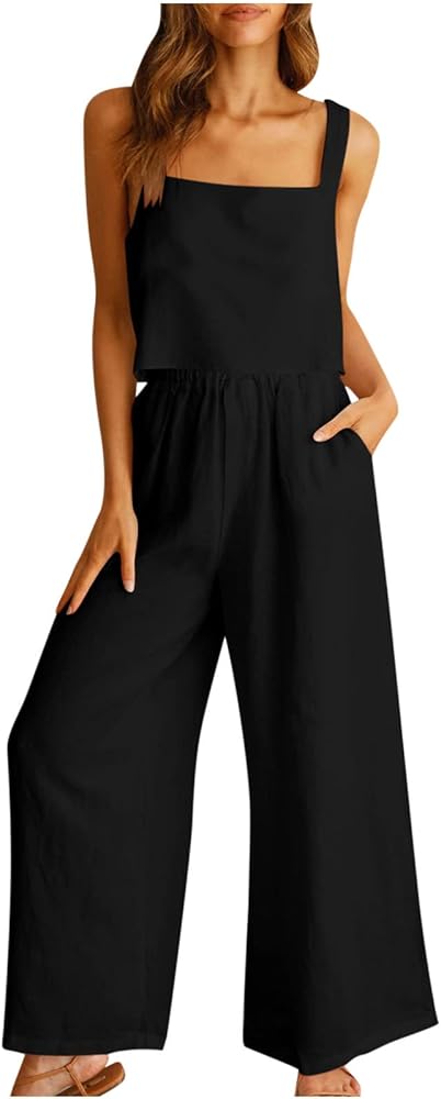 Womens 2 Piece Outfits Summer 2023 Casual Linen Matching Set Sleeveless Crop Tops Cropped Wide Leg Pants Set Jumpsuits