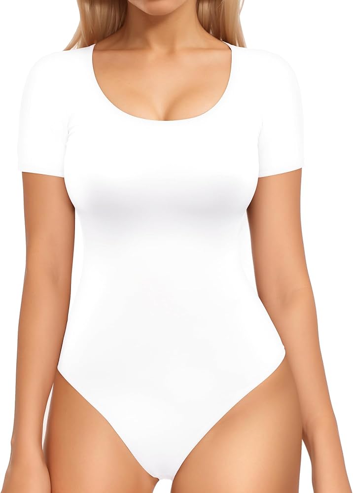 MANGOPOP Double Lined Short Sleeve Bodysuits for Women Scoop Neck Thong Bodysuit Tops Seamless(White, XXL)