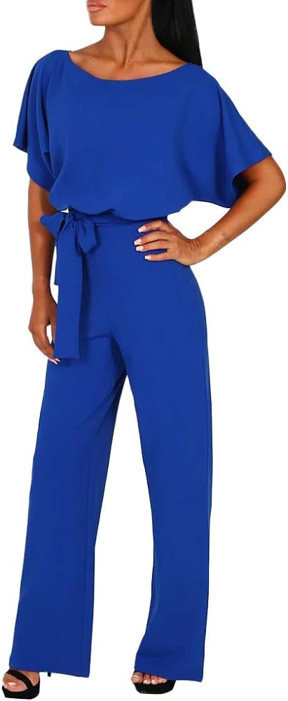 Jumpsuits For Women Elegant Loose Short Sleeve Belted Wide Leg Pant Romper Crewneck Wedding Overalls Formal Outfits