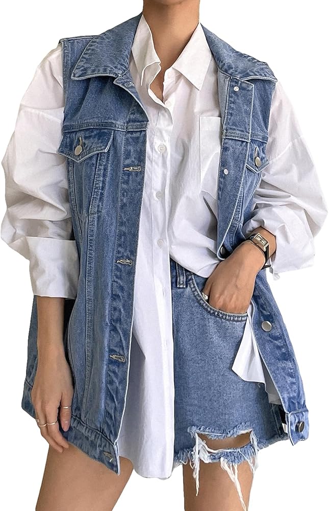 Verdusa Women's Single Breasted Collar Sleeveless Denim Vest Jacket Loose Jean Coat