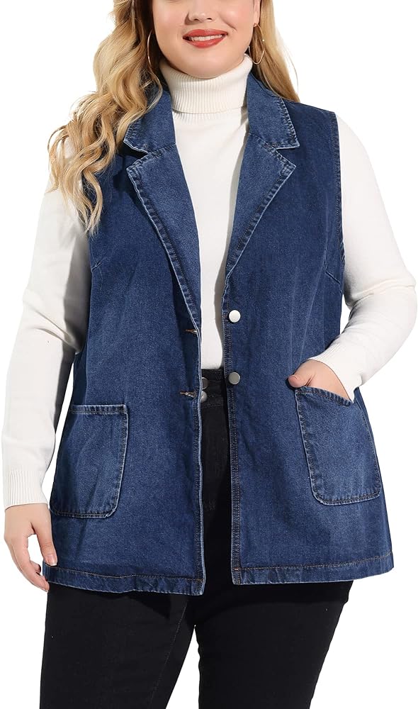 Agnes Orinda Plus Size Denim Vests for Women Dressy Sleeveless Lapel Casual Long Jean Jackets Tunic Vest