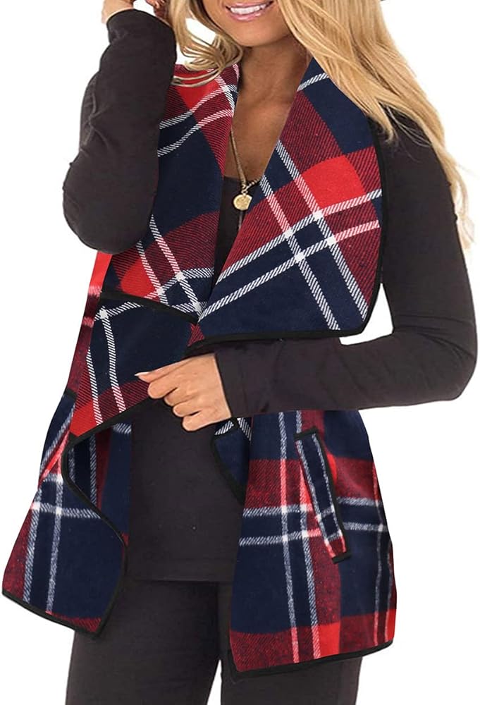 CARCOS Plus Size Women Vest Plaid Lapel Open Front Cardigan Buffalo Sleeveless Jacket Coat with Pockets XL-5XL