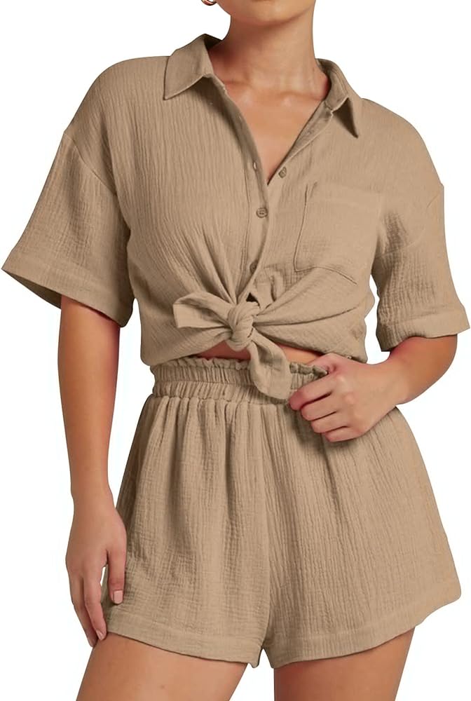 PEHMEA Women's Casual 2 Piece Outfits Cotton Linen Button Down Shirt Top Paper Bag Shorts Sets Summer Tracksuit(Khaki-S)