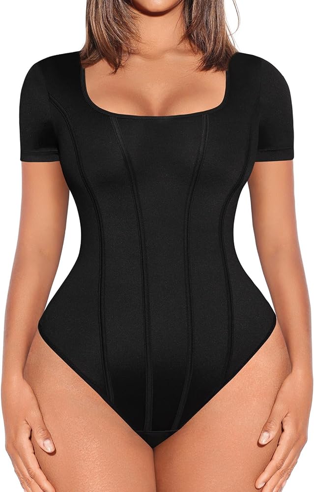 FeelinGirl Bodysuit for Women Tummy Control Thong Tshirt Body Shaper Tops Square Neck Body Suit Slimming Going Out Body Suit