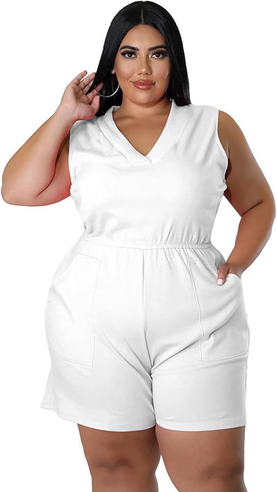 Women Casual Loose V Neck Sleeveless Summer Romper Wide Leg Jumpsuits Baggy Cotton Rompers Overalls with Pockets White