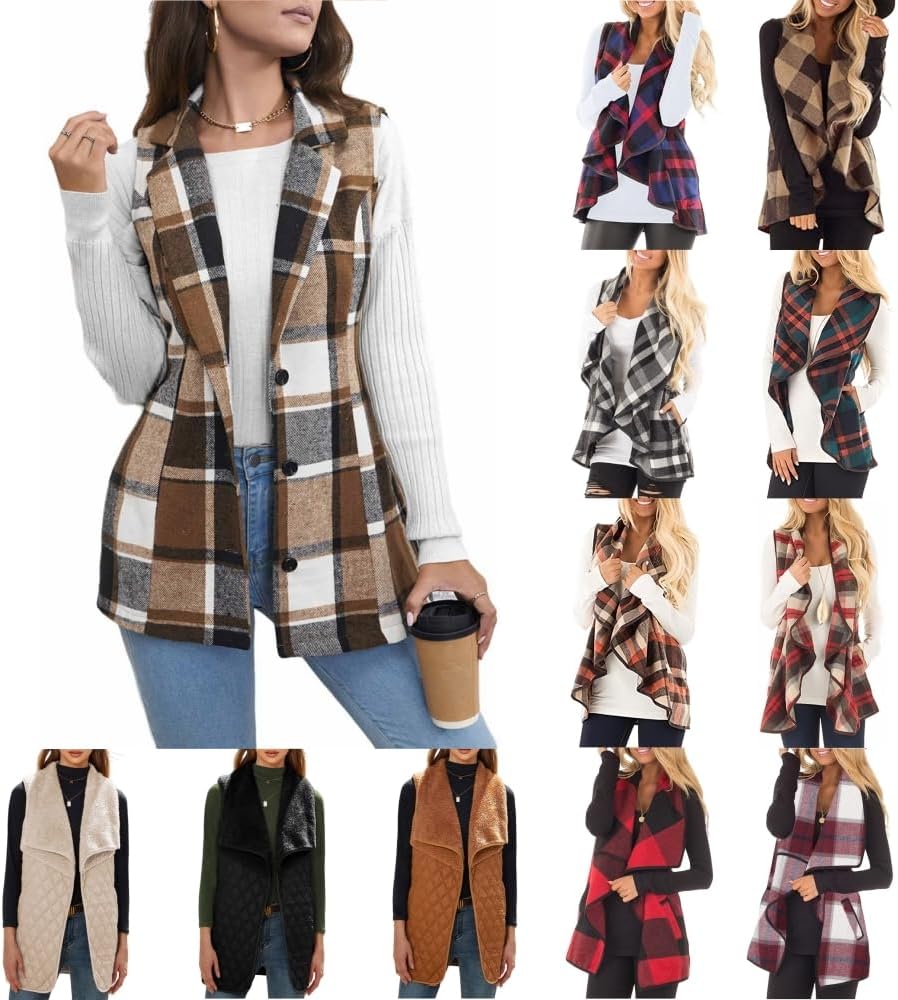 Womens Sleeveless Flannel Vest Open Front Casual Cardigan Lapel Plaid Shacket Jacket Buffalo Drape Cozy Loose Coats