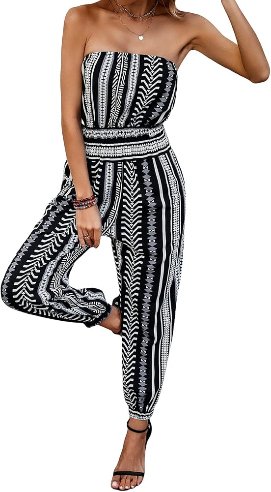 OYOANGLE Women's Boho Geo Print Sleeveless Strapless Long Pants Romper Tube Jumpsuit