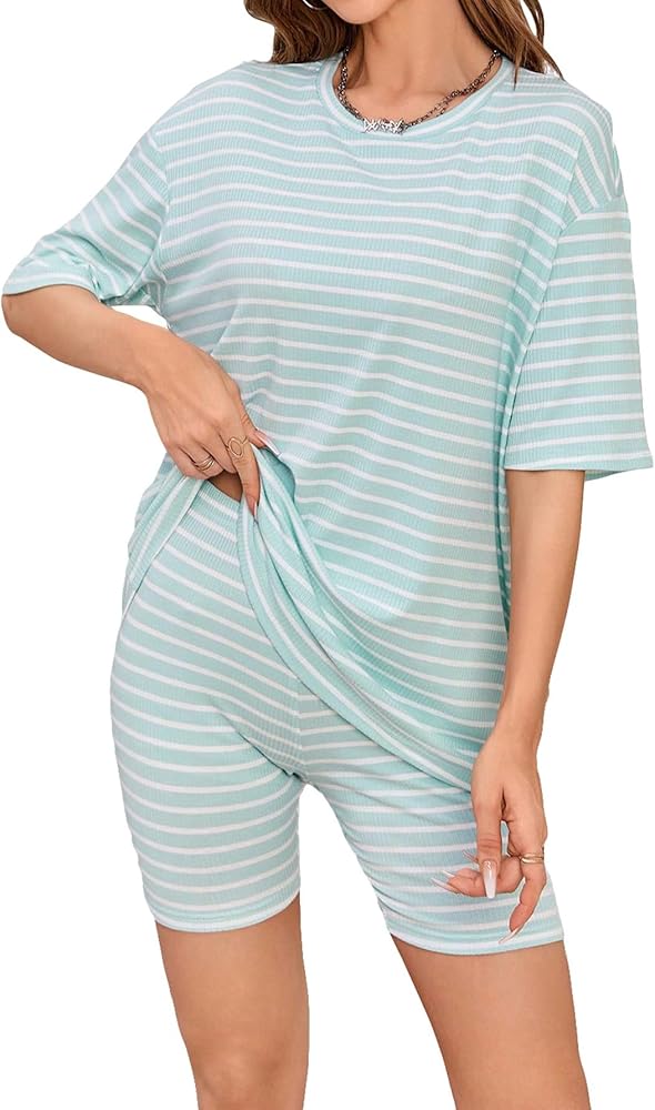 WDIRARA Women's 2 Piece Striped Outfits Crewneck Half Sleeve Top Skinny Shorts Lounge Set Casual Tracksuit