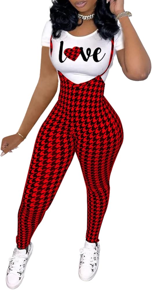 ksotutm Two Piece Outfits for Women Sexy Letter Print Top and Long Pants Set Houndstooth Jumpsuits Tracksuit