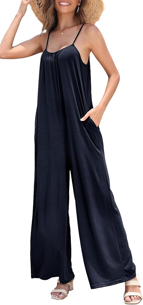 Women's Loose V Neck Sleeveless Jumpsuits Adjustable Spaghetti Strap Romper Casual Wide Legs Pants with Pockets