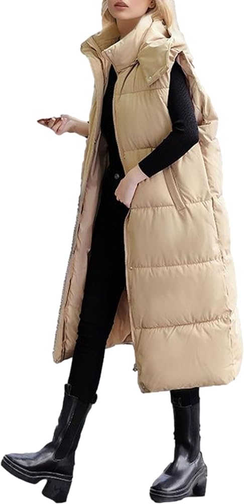 Bozanly Womens Long Puffer Vest Jacket Casual Sleeveless Belted Hooded Down Padded Vests Coat