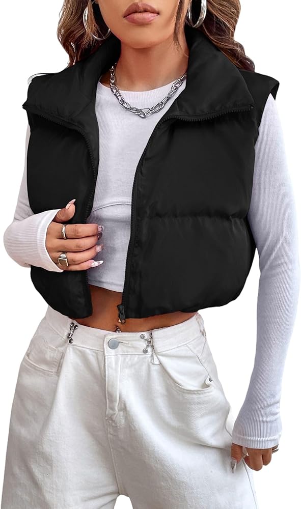 Verdusa Women's Crop Puffer Vest Zip Up Sleeveless Jacket Down Coat Waistcoat