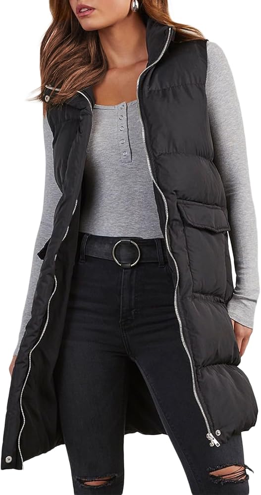 EVALESS Long Puffer Vest Women 2024 Zipper Sleeveless Quilted Vests with Pockets