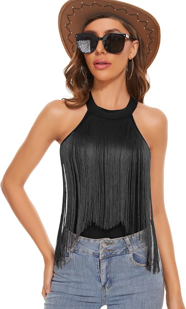 Zando Women's Fringe Top Bodysuit Sleeveless Top for Women Country Concert Outfit Nashville Cowgirl Outfit