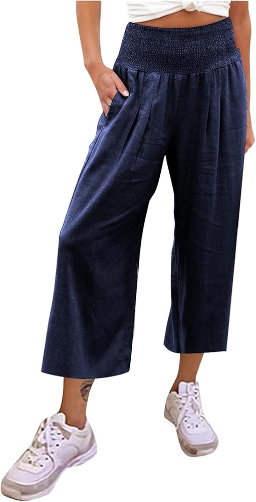 Women's Pants,Women's 9-Pant Casual Loose High Waist Cotton Linen Wide Leg Long Pants with Pockets