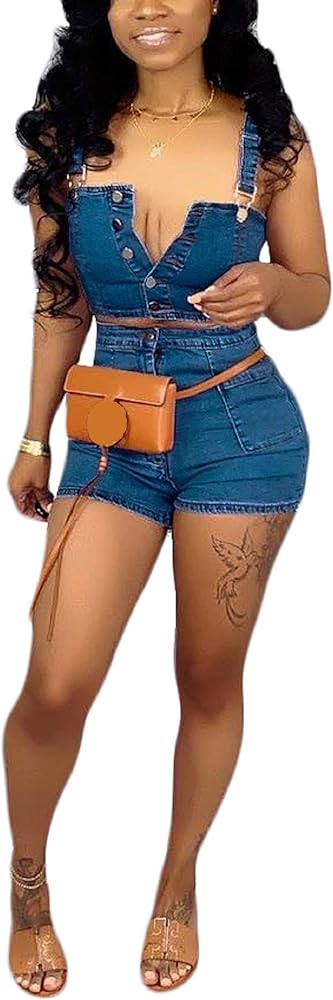 SHINFY Women Adjustable Strap Denim Tank Crop Top Jean Short Pants Set 2 Piece Club Outfits with Pocket