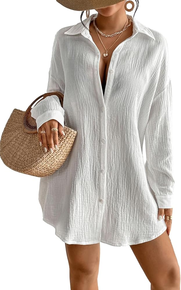 Eddoyee Bathing Suit Cover Ups for Women V-neck Bikini Coverup Long Sleeve Plus size Button Down Beach Dress Shirt