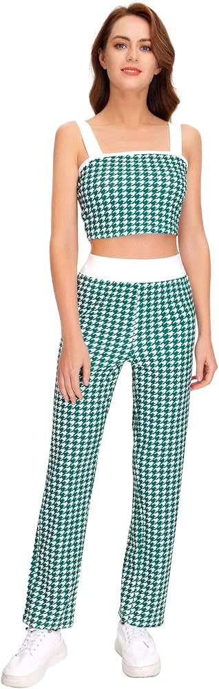 Milumia Women's Two Piece Outfit Houndstooth Plaid Crop Tank Top and Pants Set