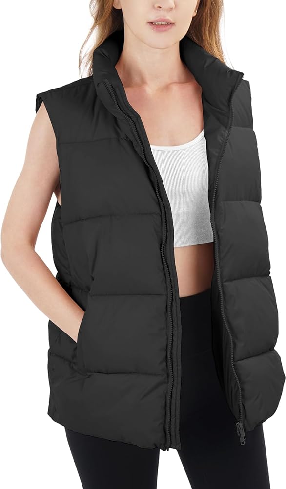 Loowoko Puffer Vest Women, Sleeveless Stand Collar Zip Up Buckle Padded Winter Gilet Jacket Coat with Pockets