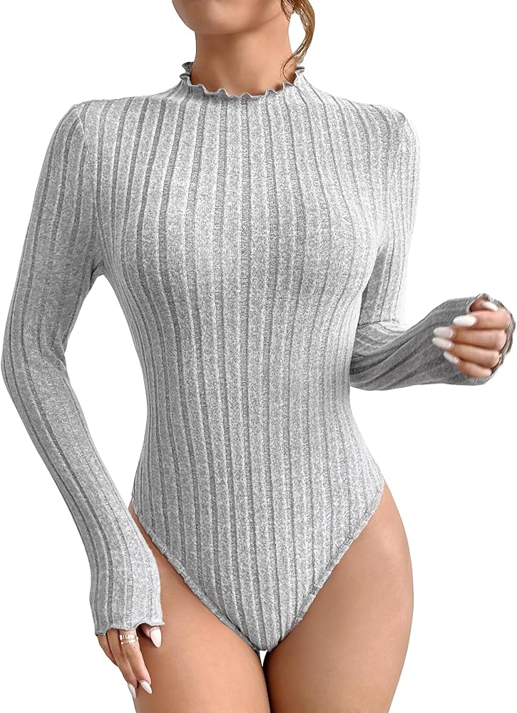 GORGLITTER Women's Lettuce Trim Mock Neck Bodysuit Long Sleeve Ribbed Leotard Bodysuit Tops