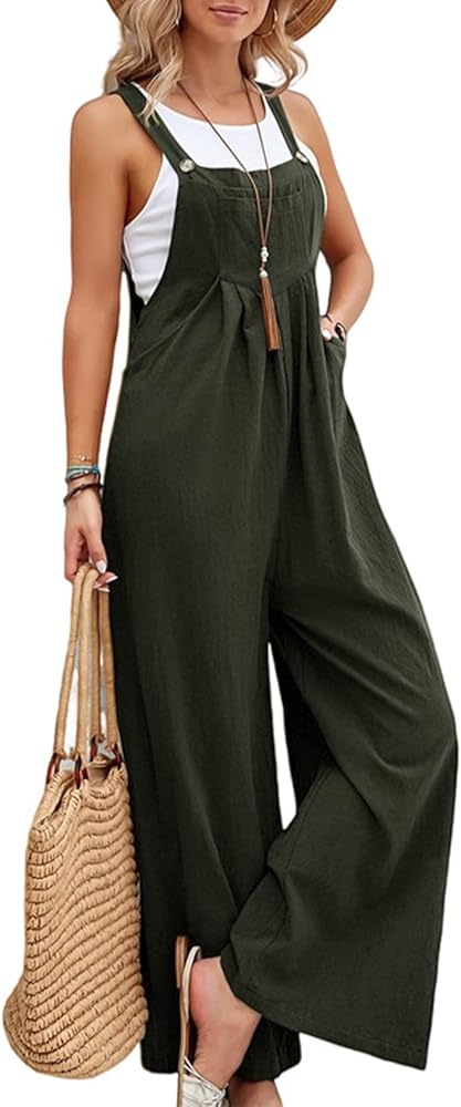 PEHMEA Jumpsuits for Women Sleeveless Overalls Baggy Casual Loose Cotton Linen Wide Leg Pants Romper with Pockets(DarkGreen-XL)