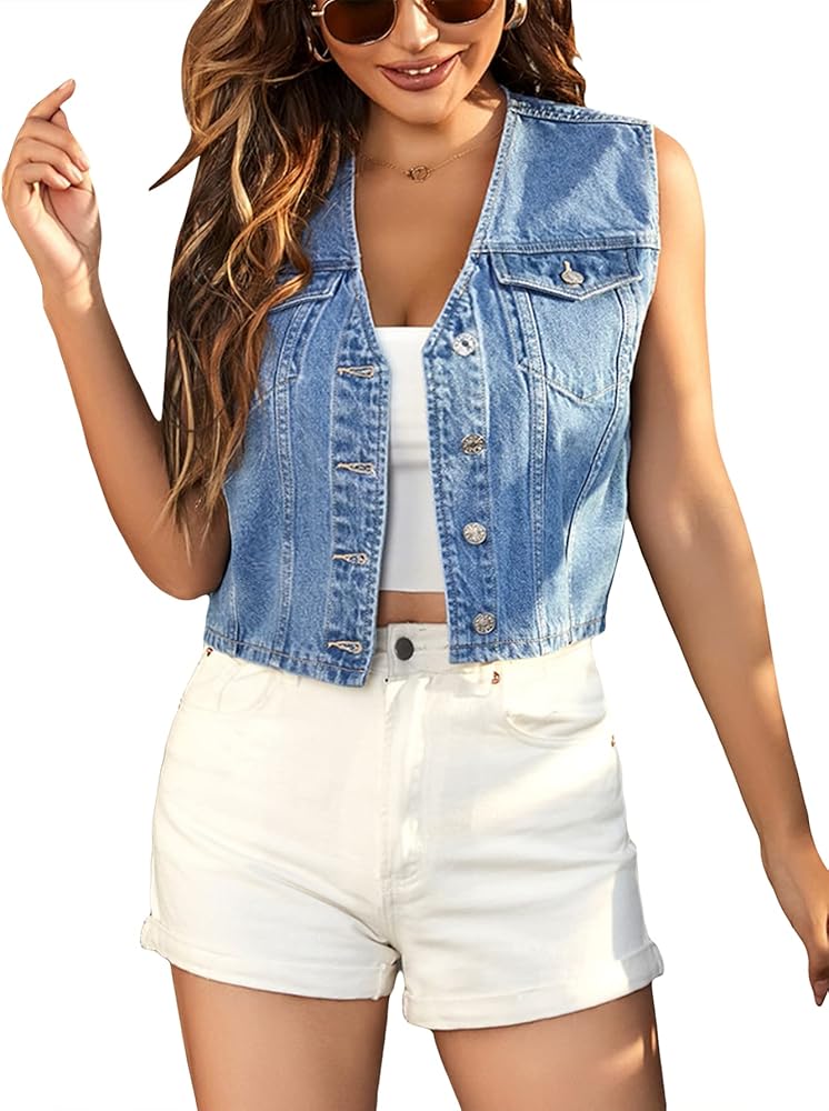 Floerns Women's Button Front Sleeveless Denim Vest Jacket Flap Pockets