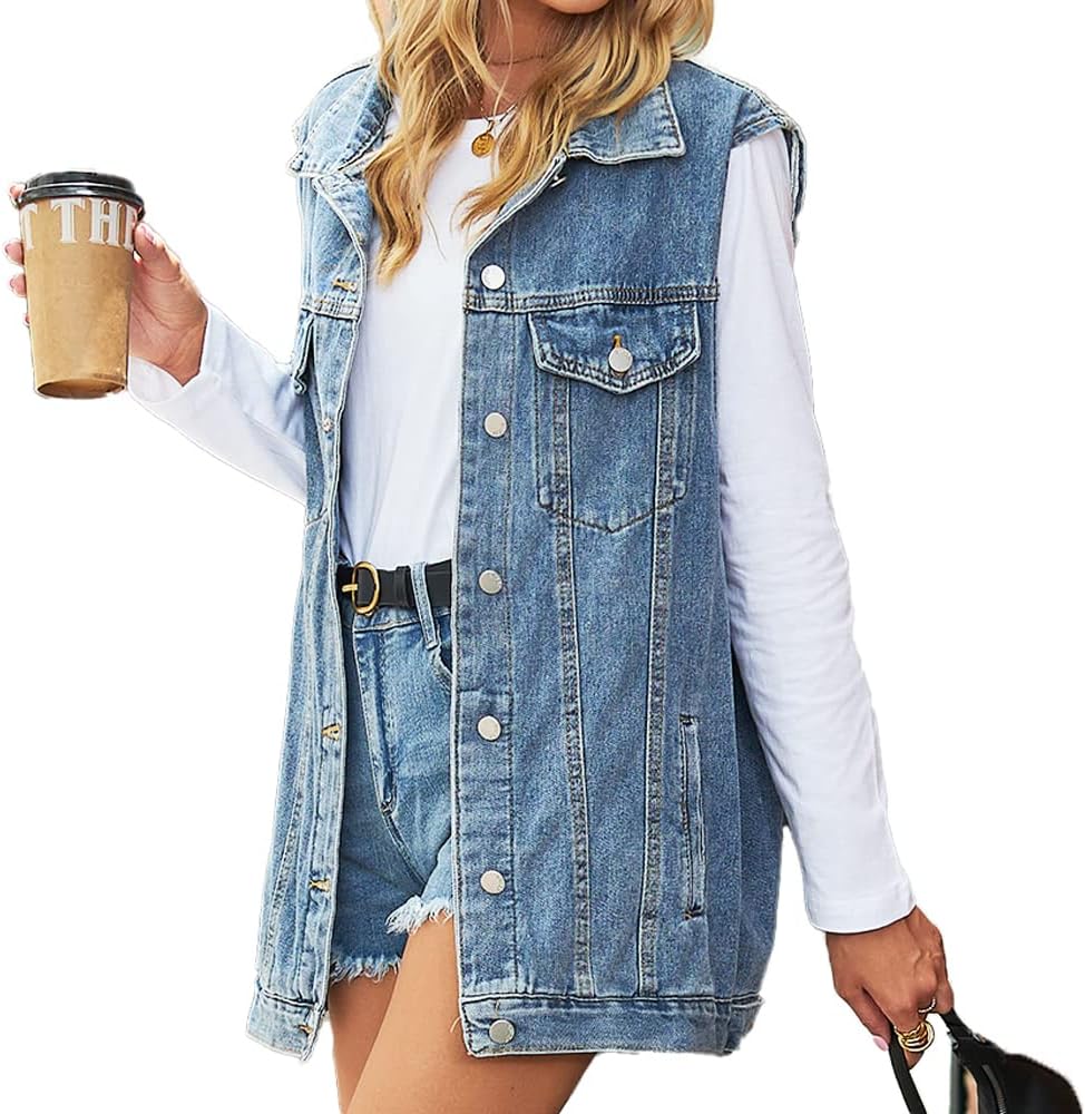 Women's Denim Vest Oversized Jean Lapel Sleeveless Button Down Outerwear Waistcoat Jacket