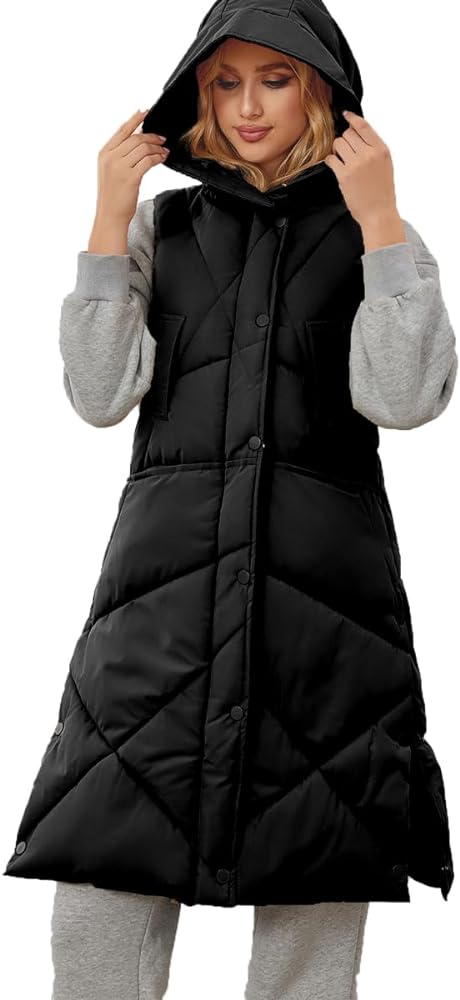 Women's Long Quilted Vest Casual Sleeveless Puffer Jacket Hooded Zip Pockets Waistcoat