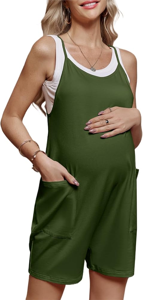 Women's Maternity Overalls Shorts Pregnancy Casual Sleeveless Jumpsuits Romper with Pocket