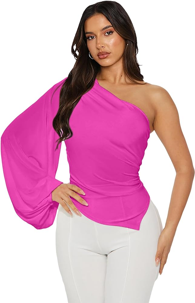 Ekaliy Women's One Shoulder Ruched Bodycon Blouse Puff Long Sleeve Sexy Cocktail Party Shirts Tops