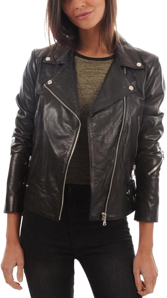 Womens Leather Jacket Motorcycle Bomber Solid Crispy Black Real Leather Jacket Women