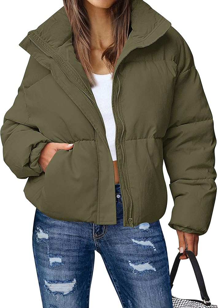 MEROKEETY Women's Winter Long Sleeve Zip Puffer Jacket Stand Collar Baggy Short Down Coats with Pockets