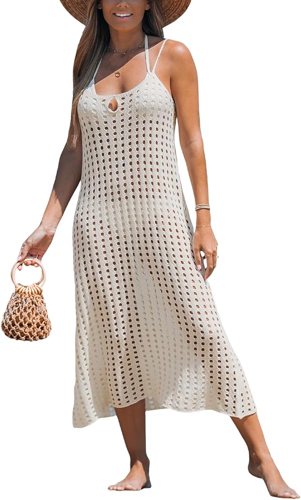 CUPSHE Women's Swimsuit Coverup 2024 Sleeveless Crochet Beach Cover Ups Hollow Out Keyhole Midi Dress