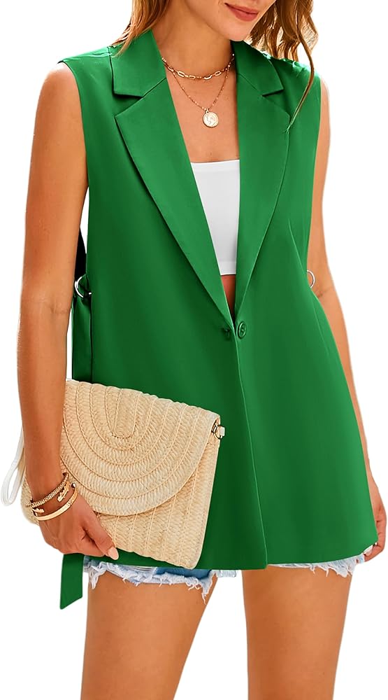 MASCOMODA Womens Fashion 2024 Sleeveless Blazer Vest Spring Casual Open Front Lapel V Neck Office Waistcoat Long Vests