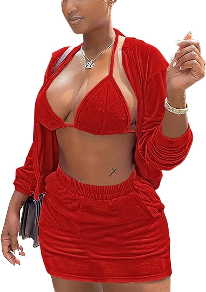 MKQW Women Velvet 3 Piece Outfits Sweatsuits Cute Hoodie Shorts Top Y2K Casual Velour Tracksuit Set with Free Bra