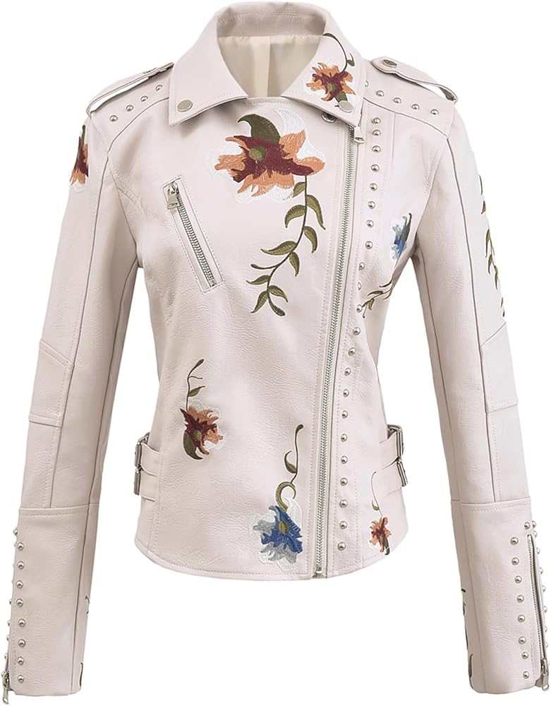 Women's Embroidered Studded Faux Leather Jacket Moto Punk Jacket Floral Coat