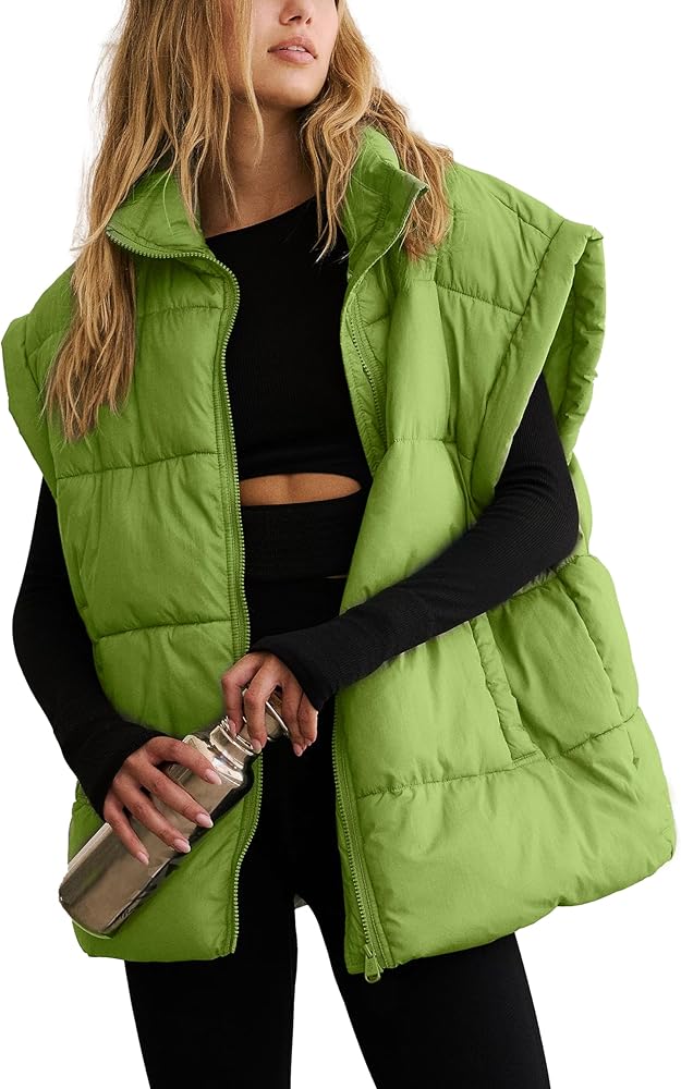 SeekMe Womens Puffer Vest Winter Cap Sleeve Stand Collar Padded Gilet Bubble Puffy Jacket Coats with Pockets