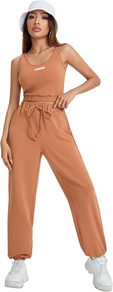 Floerns Women's Solid Drawstring Waist Jogger Set Crop Tank Top Two Piece Outfit