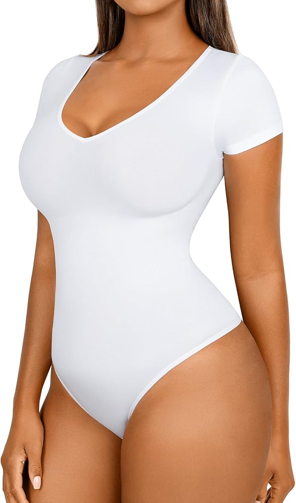 FeelinGirl Short Sleeve Bodysuit for Women Bodysuit Tops Tummy Control V Neck Thong Bodysuit Daily Basic Bodysuit Tops