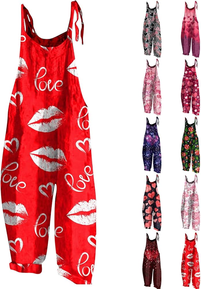 2024 Valentine's Day Overalls for Womens Cute Love Printed Jumpsuit Loose Fit Casual Playsuit Bib Overall Baggy Harem Pants Sleeveless Adjustable One Piece Jumpsuits for Women Cute Rompers Jumpsuits