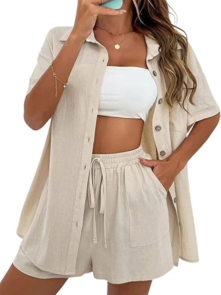 Women's Casual 2 Piece Outfits Sets Cotton Linen Button Down Short Sleeve Shirt Top High Waisted Shorts Set Tracksuit