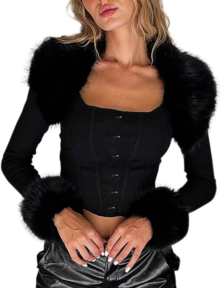 VWIWV Women Long Sleeve Crop Jacket with Faux Fur Collar Coat Outwear Lightweight Casual Jackets Clubwear