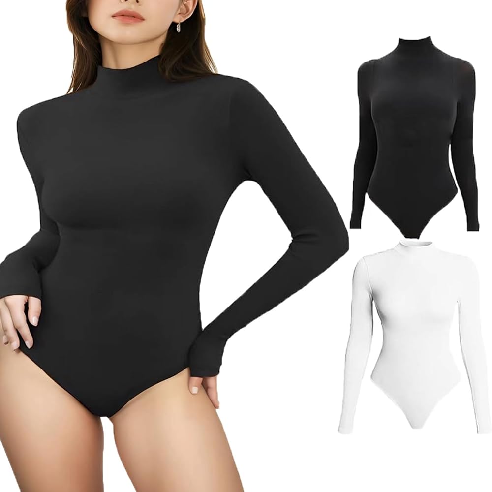 MiiDD Long Sleeve Bodysuit for Women,Black/White Turtleneck Bodysuits Mock Neck Bodysuit Soft Slim Fit Stretchy Top Classic