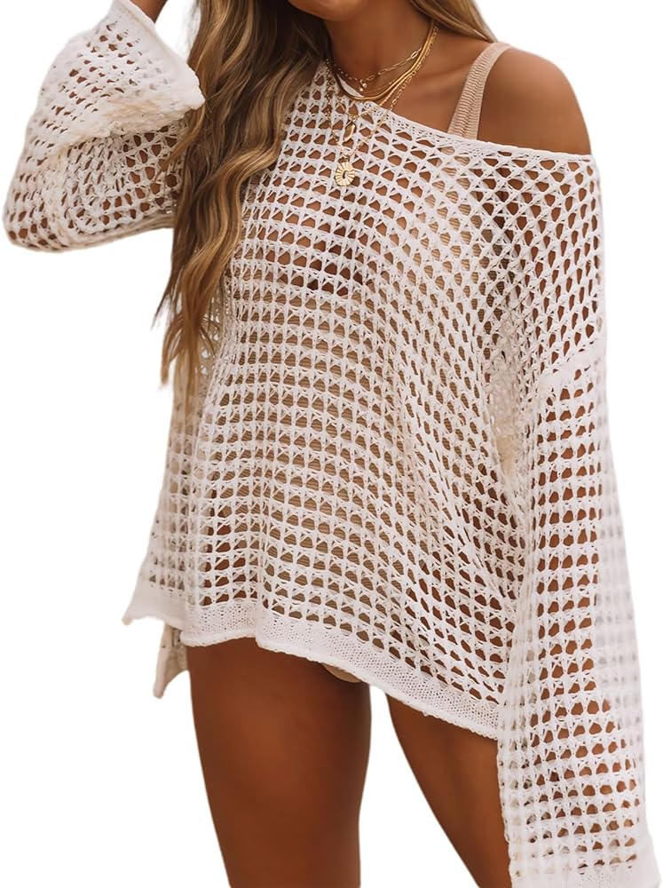 Crochet Swimsuit Coverup Beach Bathing Suit Bikini Cover Ups for Swimwear Women Hollow Out Mesh Summer Beach Outfits