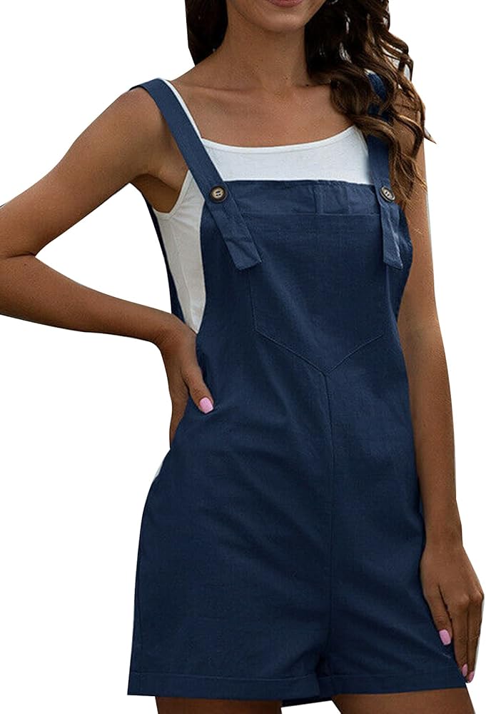 Flygo Women's Cotton Overalls Shorts Jumpsuit Casual Loose Romper Shortalls with Pocket