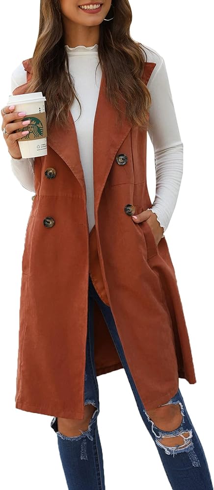 GORGLITTER Women's Sleeveless Collar Long Vest Cardigans Open Front Longline Blazer Jackets Outerwear With Pocket