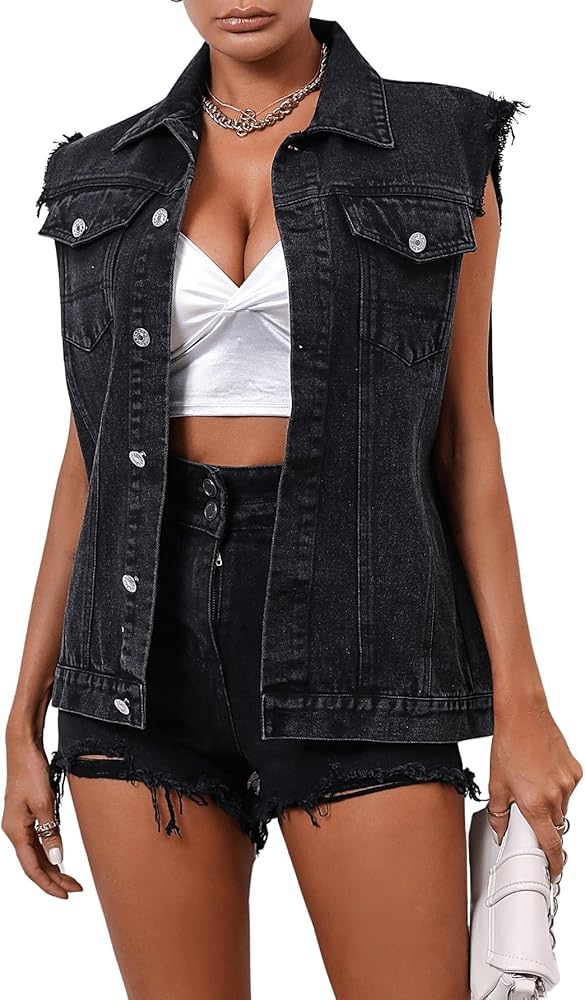 Verdusa Women's Pocket Front Collar Raw Trim Denim Vest Sleeveless Jean Jacket