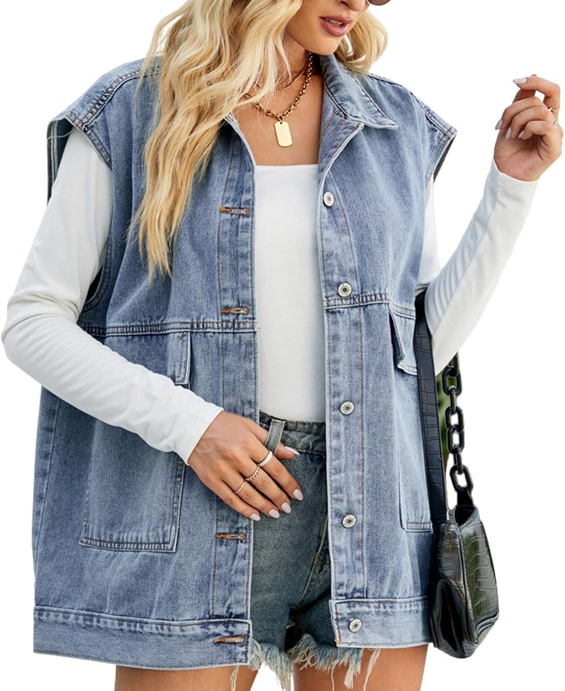 FindThy Women’s Vintage Denim Jean Vest Oversized Button Down Jean Waistcoat Gilet