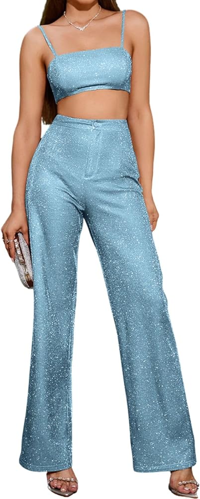 Colysmo Women's Two Piece Outfit Sparkle Sequin Sleeveless Cami Crop Top Bling Glitter High Waist Straight Wide Leg Pants Set